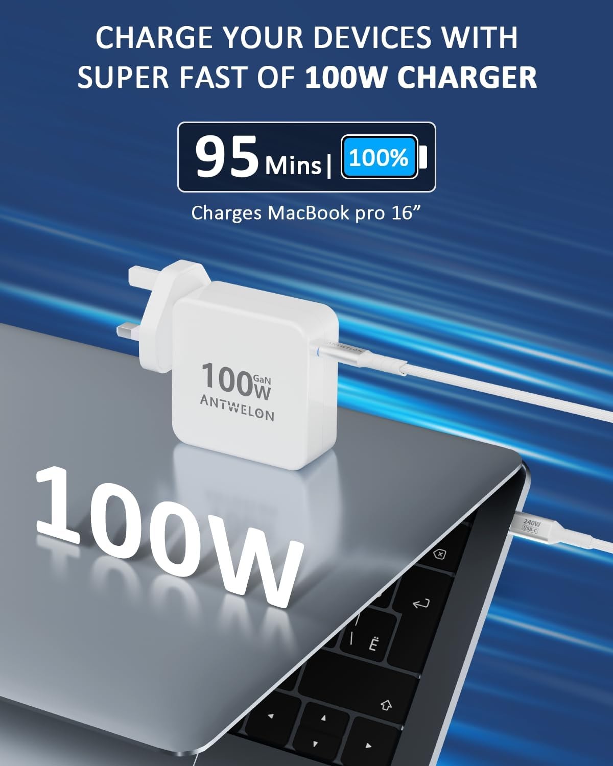 100W USB-C GaN Fast Charger – Compact Power Delivery PD Wall Adapter (White) - Image 4