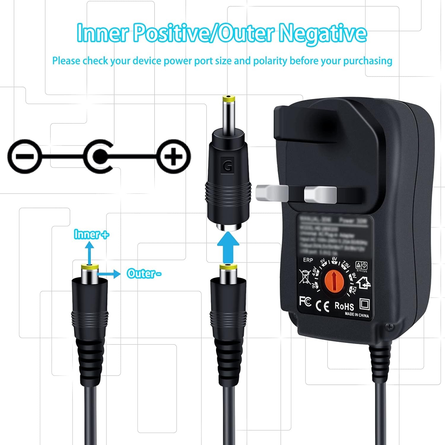 Dalugo 30W Universal AC/DC Power Adapter – 3V to 12V 2A with 8 Connector Tips - Image 4