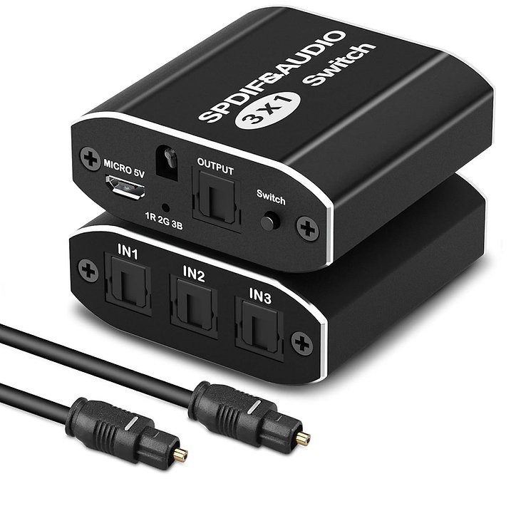 3-Port Optical Audio Switch – 3 In 1 Out SPDIF Digital Switch with IR Remote