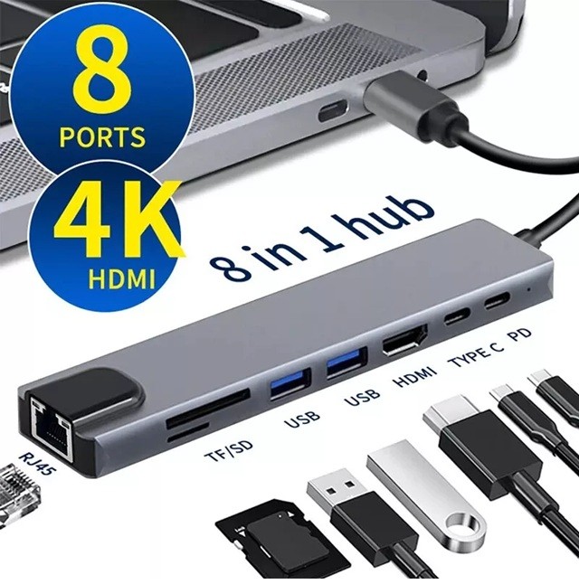 8-in-1 USB-C Multiport Hub – 4K HDMI, RJ45 Ethernet, USB 3.0, SD/TF & PD Charging