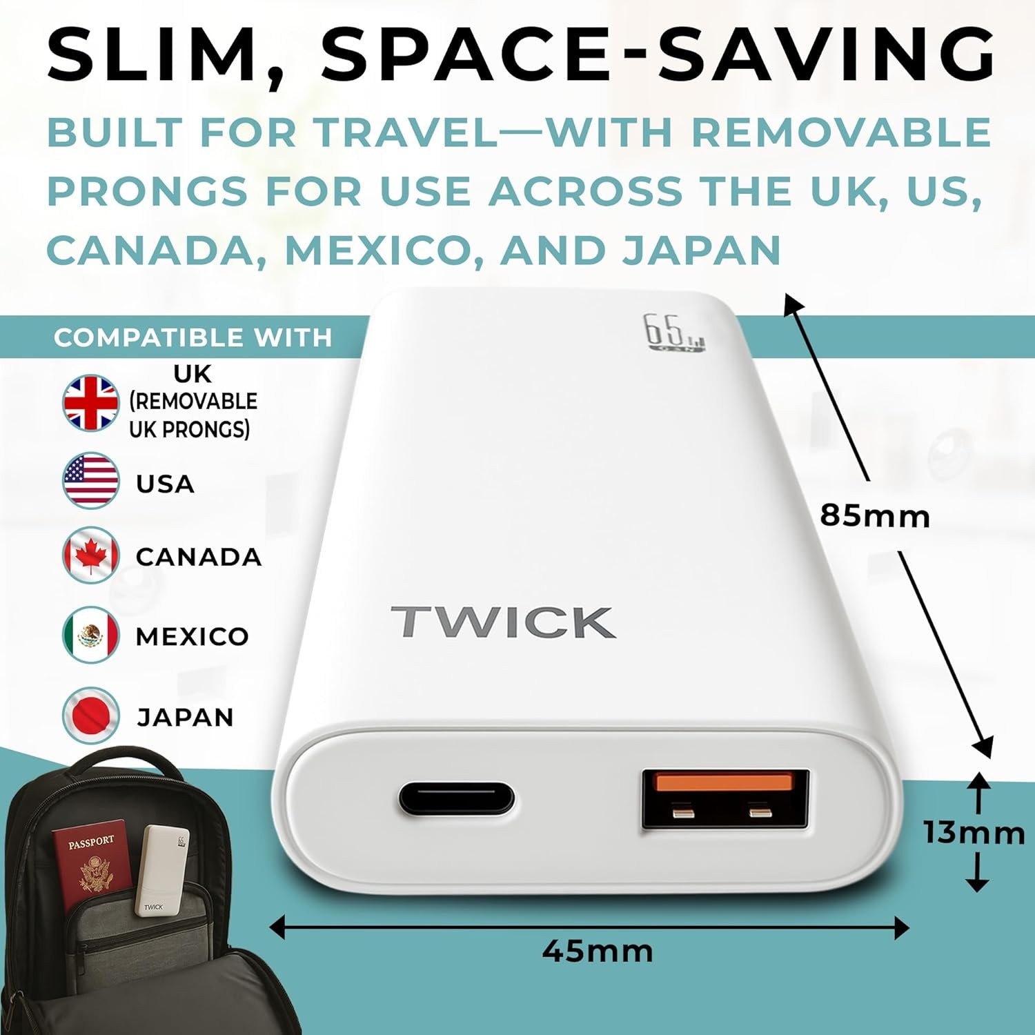 65W GaN 3-Port USB-C & USB-A Travel Charger with Removable UK Plug Adapter - Image 4