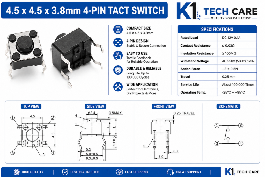 2x Mini Push Button Switch PCB Mounted 4.5x4.5x3.8mm 4-Pin Tactile Switch