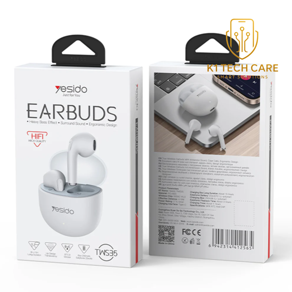 Yesido TWS35 True Wireless Bluetooth Earbuds – White Hands-Free Headset