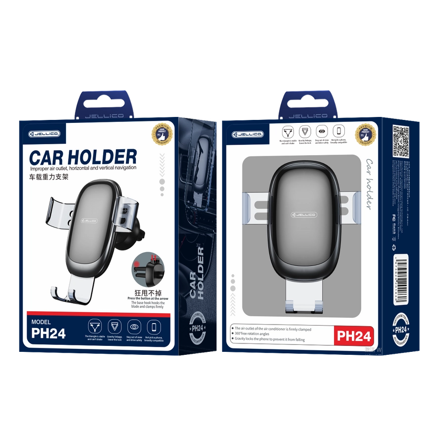 JELLICO PH24 Gravity Car Phone Holder – 360° Rotating Air Vent Mount – Black
