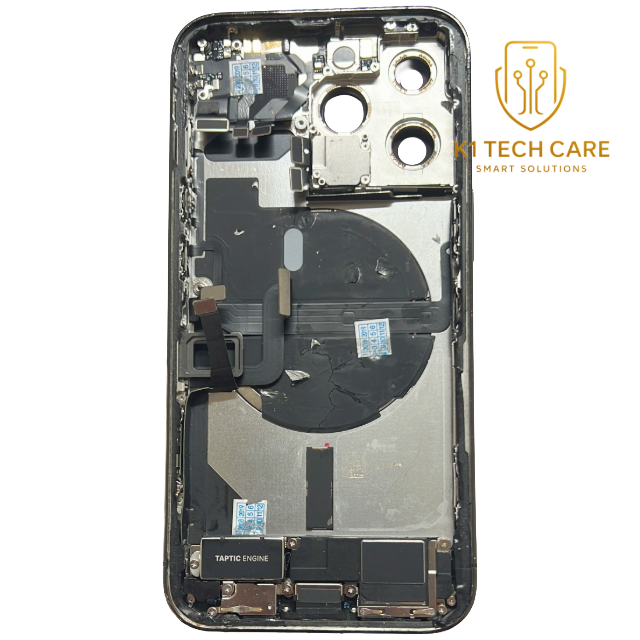K1 Tech Care – Genuine Apple iPhone 13 Pro Space Grey rear housing chassis with rear glass, internal small parts and flex components, reclaimed in Grade A/B very good cosmetic condition.