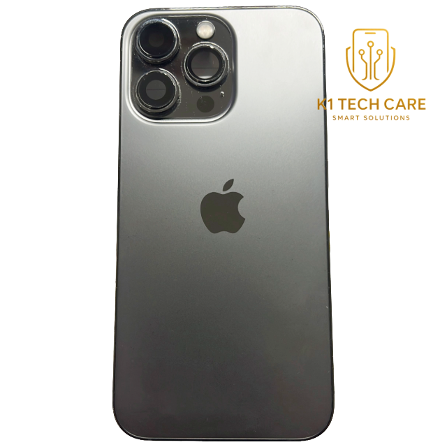 K1 Tech Care – Genuine Apple iPhone 13 Pro Space Grey rear housing chassis with rear glass, internal small parts and flex components, reclaimed in Grade A/B very good cosmetic condition.