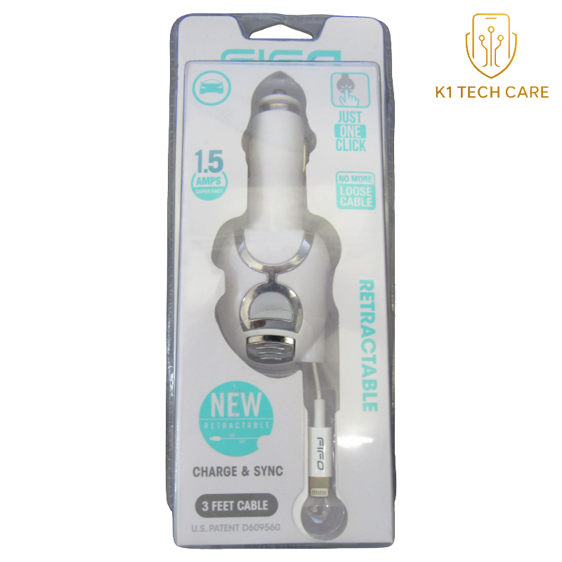 FIFO 3ft Retractable Car Charger with 8-Pin Connector – Compact Vehicle Charging Cable