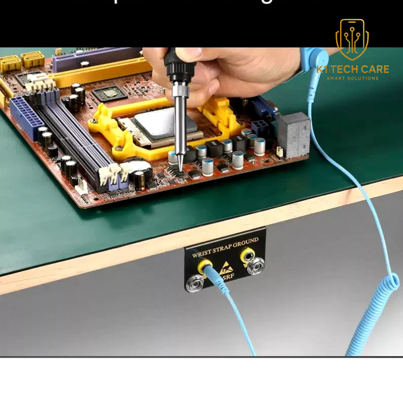 3-Port ESD Grounding Socket with Blue Wrist Strap Cable – L-Shaped Anti-Static Workbench Connector