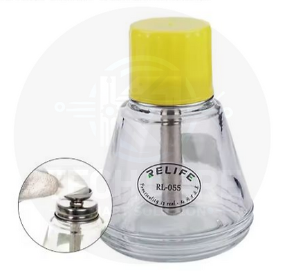 K1 Tech Care – RELIFE RL-055 anti-static transparent glass solvent dispenser bottle with press-type copper core pump, designed for compatible alcohol, cleaning fluids and soldering liquids used in electronics repair.