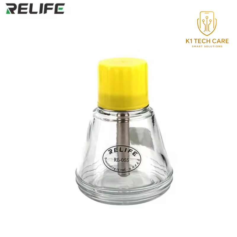 K1 Tech Care – RELIFE RL-055 anti-static transparent glass solvent dispenser bottle with press-type copper core pump, designed for compatible alcohol, cleaning fluids and soldering liquids used in electronics repair.