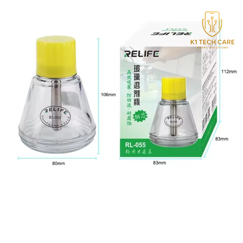 K1 Tech Care – RELIFE RL-055 anti-static transparent glass solvent dispenser bottle with press-type copper core pump, designed for compatible alcohol, cleaning fluids and soldering liquids used in electronics repair.