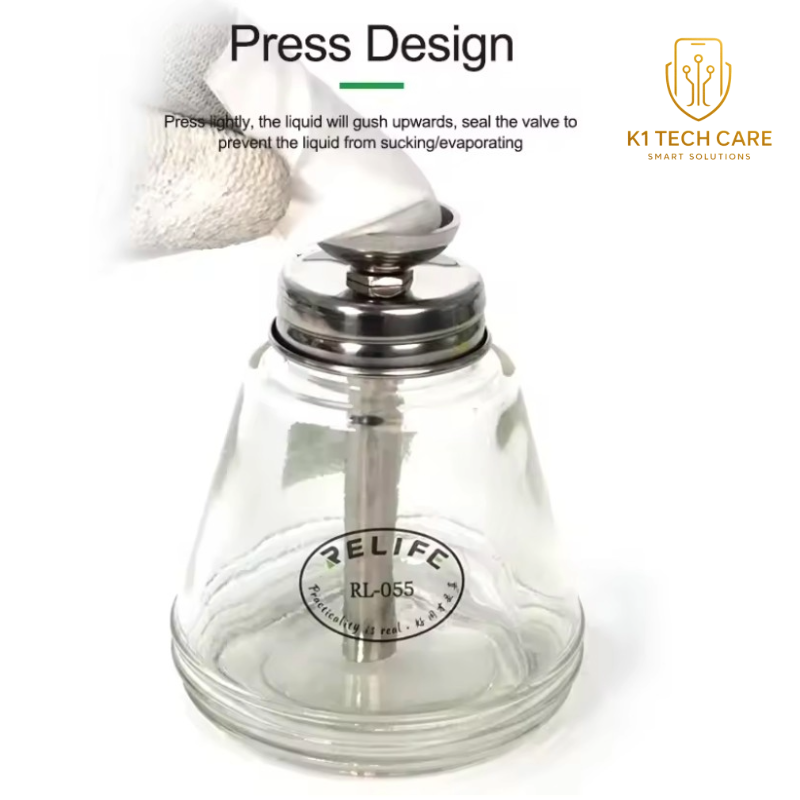 K1 Tech Care – RELIFE RL-055 anti-static transparent glass solvent dispenser bottle with press-type copper core pump, designed for compatible alcohol, cleaning fluids and soldering liquids used in electronics repair.