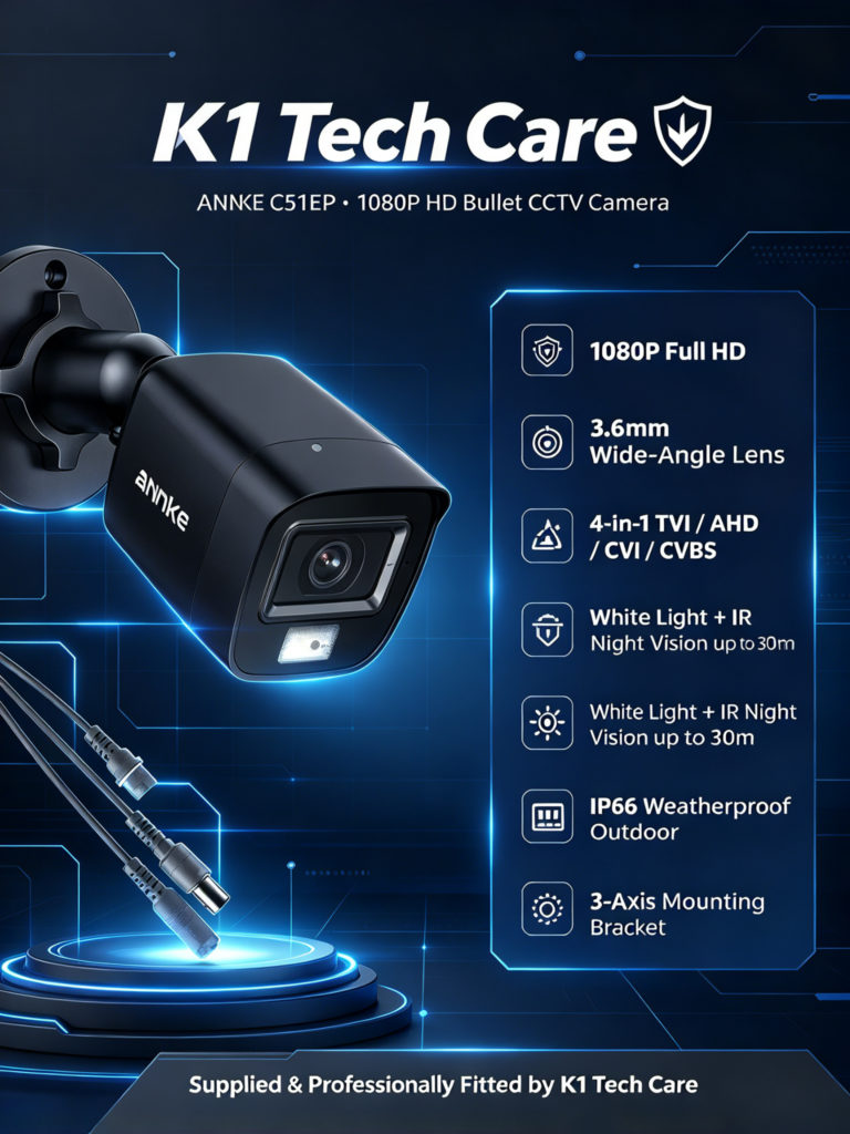 K1 Tech Care – 2-pack of ANNKE C51EP Black outdoor bullet CCTV security cameras with infrared night vision, supplied brand new in original retail packaging for compatible home and business surveillance systems.