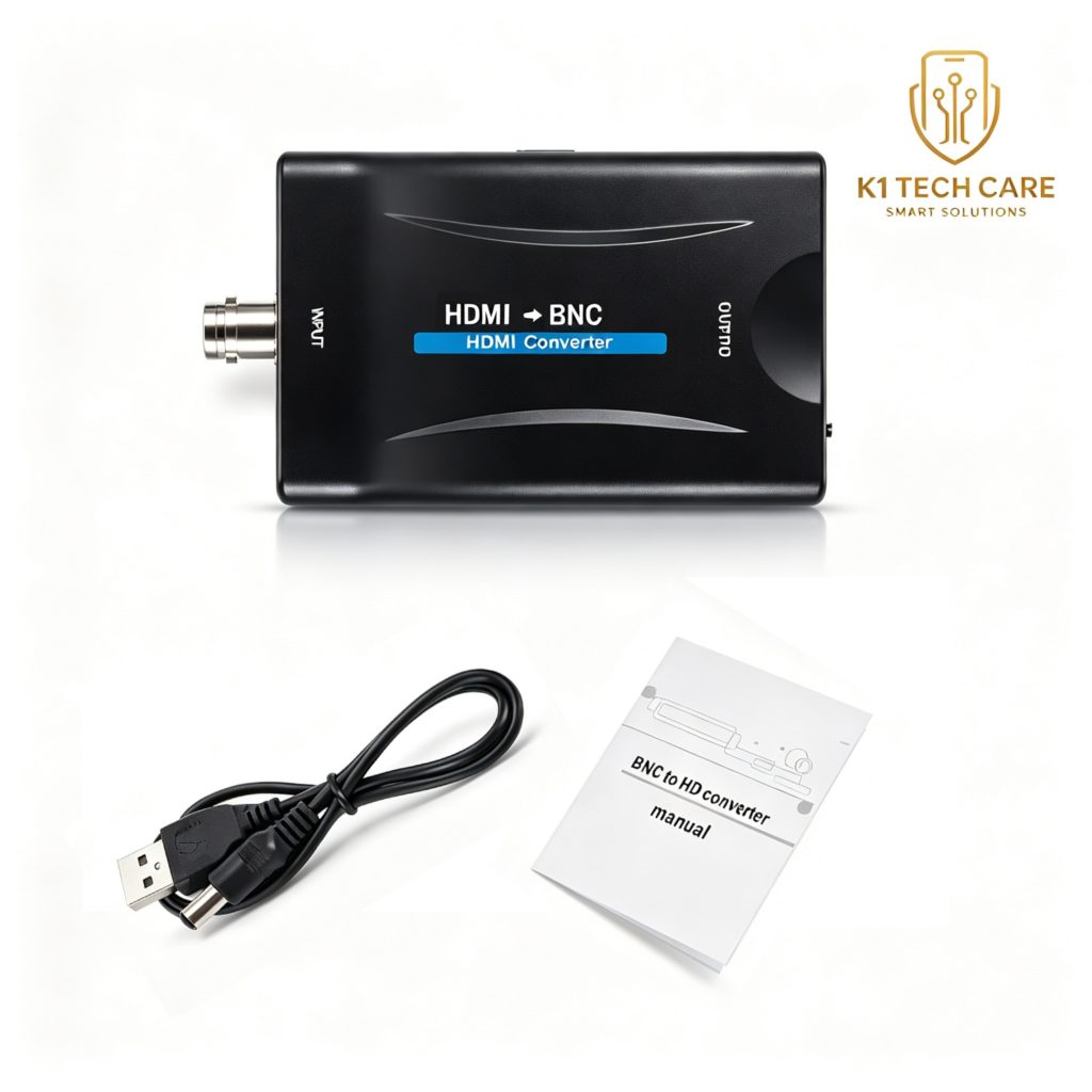 K1 Tech Care – HDMI to BNC-compatible video converter supporting PAL and NTSC with 1080P and 720P video formats, supplied with USB power cable and user manual.